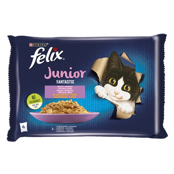 Állateledel alutasakos FELIX Fantastic Junior macskáknak csirke-lazac válogatás aszpikban 4x85 g
