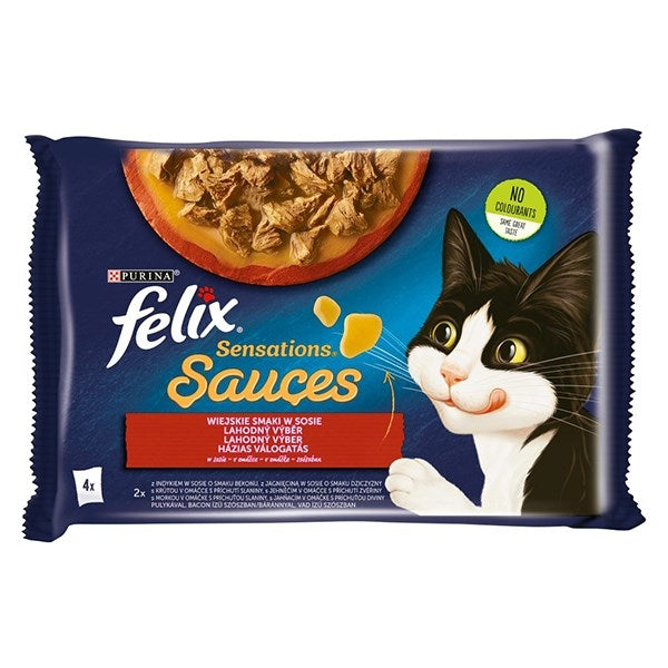 Állateledel alutasakos FELIX Sensations Sauces macskáknak 4-pack házias pulyka-bárány válogatás szószban 4x85 g
