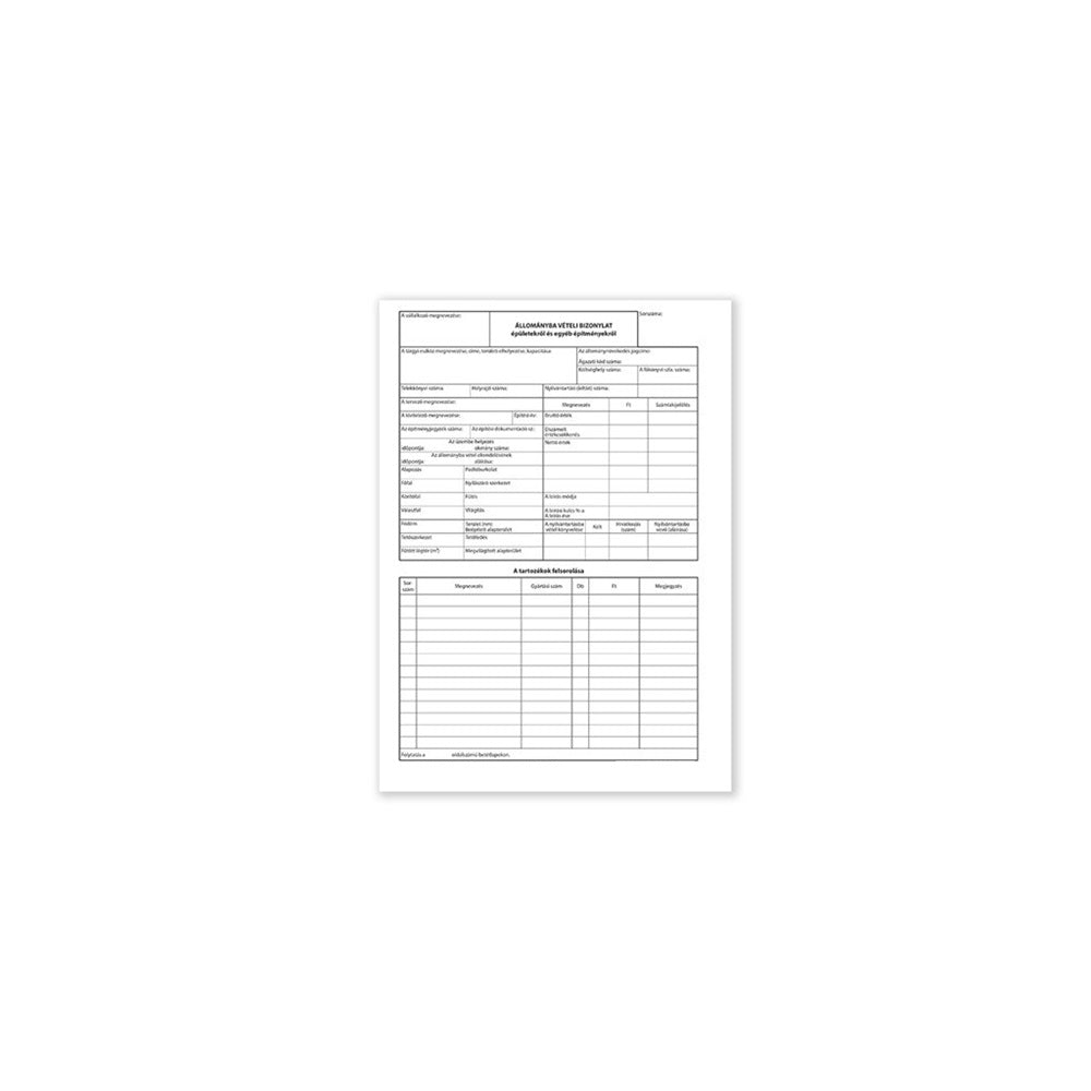 Állománybavételi bizonylat épületekről és építményekről B.11-45/V 25x4lapos tömb A4, álló kép