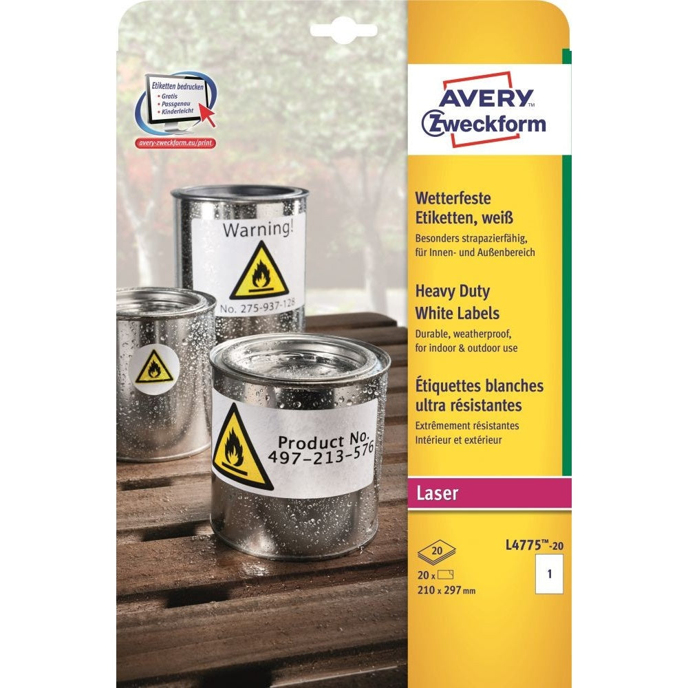 Etikett címke, 210 x297mm, időjárásálló poliészter, 1 címke/ív, 20 ív/doboz, Avery fehér kép