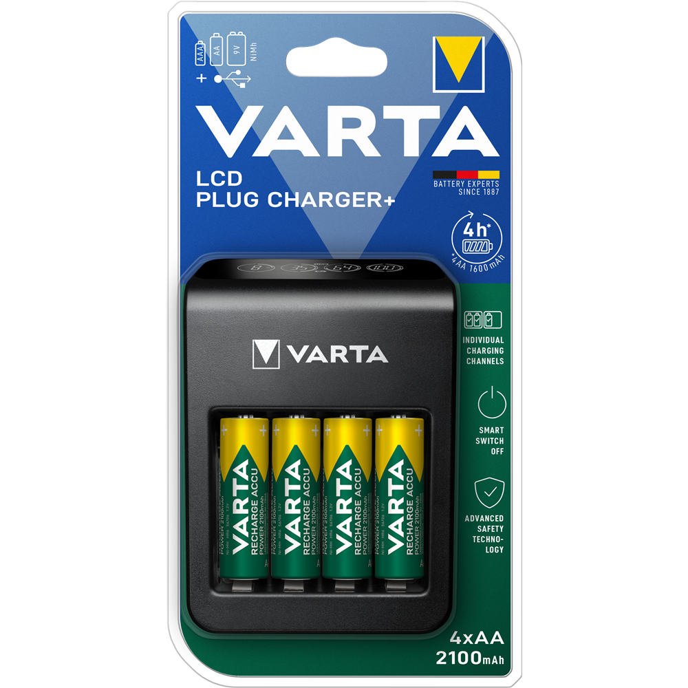 Elemtöltő, akku LCD Plug töltő + 4 db AA 2100 mAH Varta kép