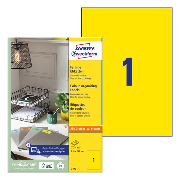 Etikett AVERY 3473 210x297 mm sárga univerzális 100 címke/doboz 100 ív/doboz