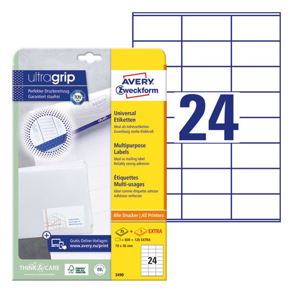 Etikett AVERY 3490 70x36 mm fehér univerzális 720 címke/doboz 30 ív/doboz