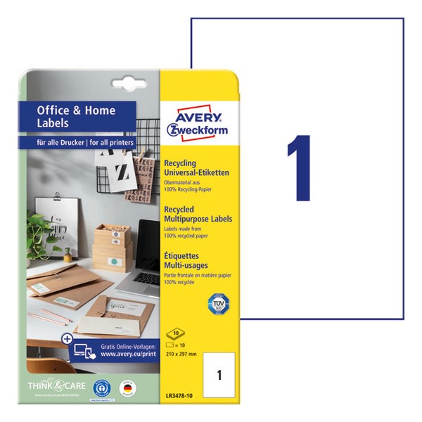 Etikett AVERY LR3478-10 210x297mm környezetbarát 10 címke/doboz 10 ív/doboz