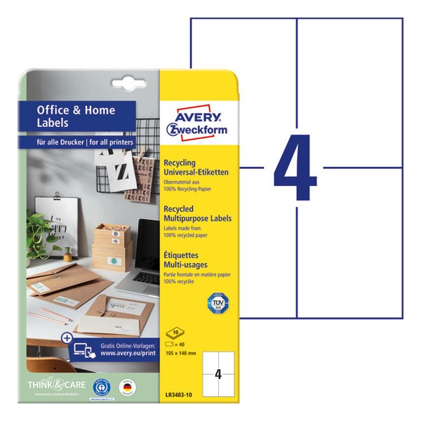 Etikett AVERY LR3483-10 105x148mm környezetbarát 40 címke/doboz 10 ív/doboz