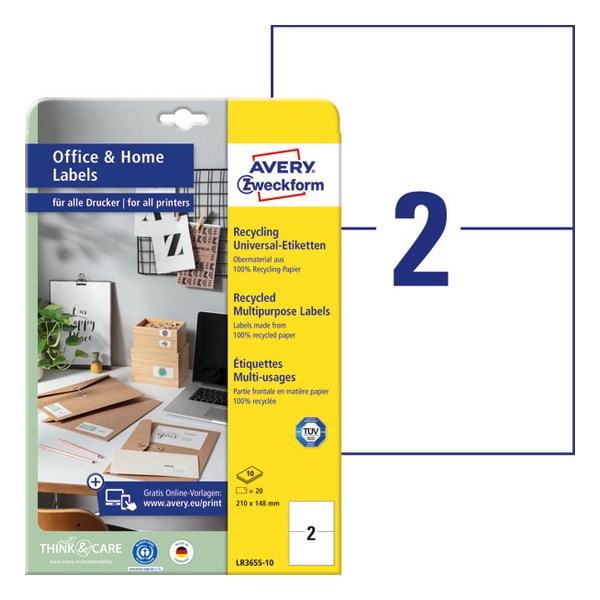 Etikett AVERY LR3655-10 210x148mm környezetbarát 20 címke/doboz 10 ív/doboz