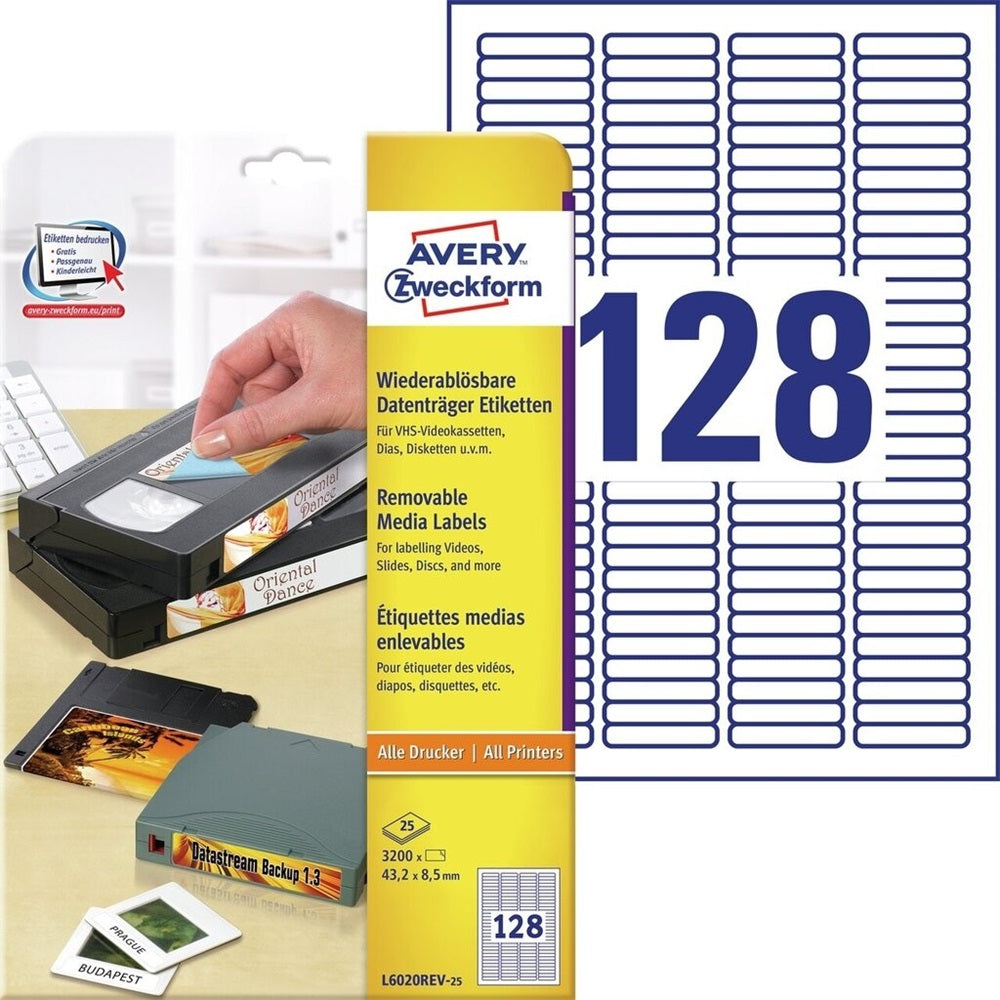 Etikett címke, 43,2x8,5mm, univerzális visszaszedhető, 128 címke/ív, 25 ív/doboz, Avery fehér kép