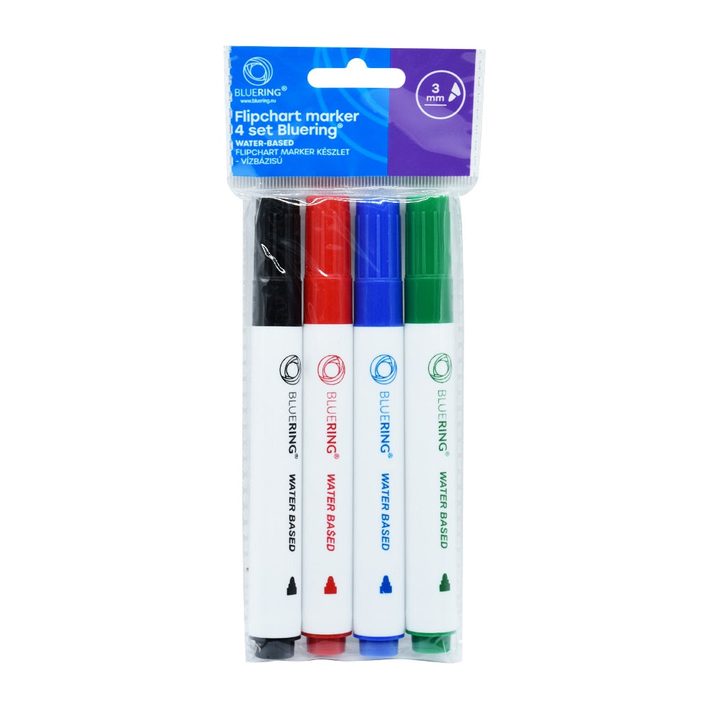 Flipchart marker készlet, rostirón vizes kerek végű 3mm, Bluering®, 4 klf. szín kép