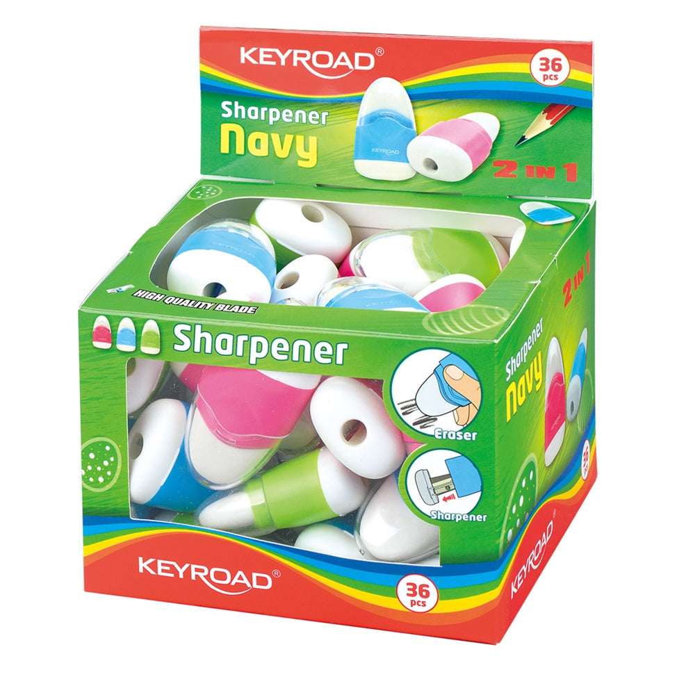 Hegyező 1 lyukú tartályos, radírral 36 db/display Keyroad Navy vegyes színek kép