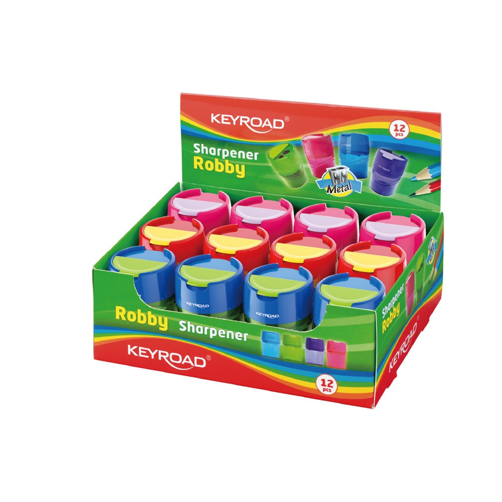 Hegyező 2 lyukú tartályos, fedeles, fém belsővel 12 db/display Keyroad Robby vegyes színek kép