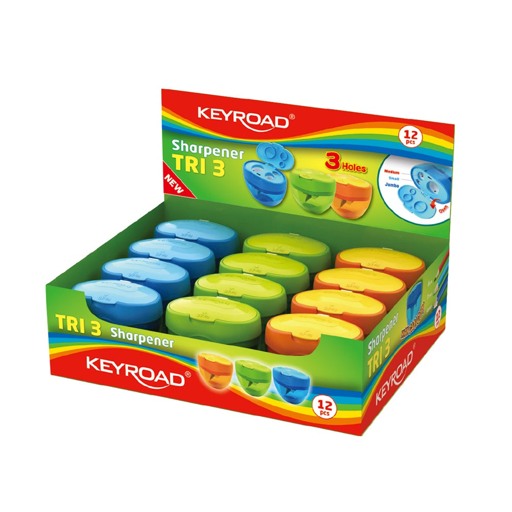 Hegyező 3 lyukú tartályos, fedeles 12 db/display Keyroad Tris vegyes színek kép