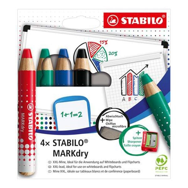 Jelölőceruza készlet STABILO MARKdry fehér táblákhoz és flipchartpapírhoz vastag kerek heggyel 4 darabos B