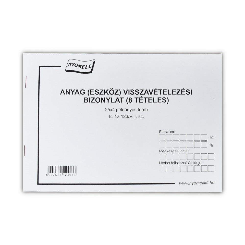 Készlet visszavételezési bizonylat 8 tételes 25x4 lapos tömb A/5 fekvő B.12-123/V Bluering kép