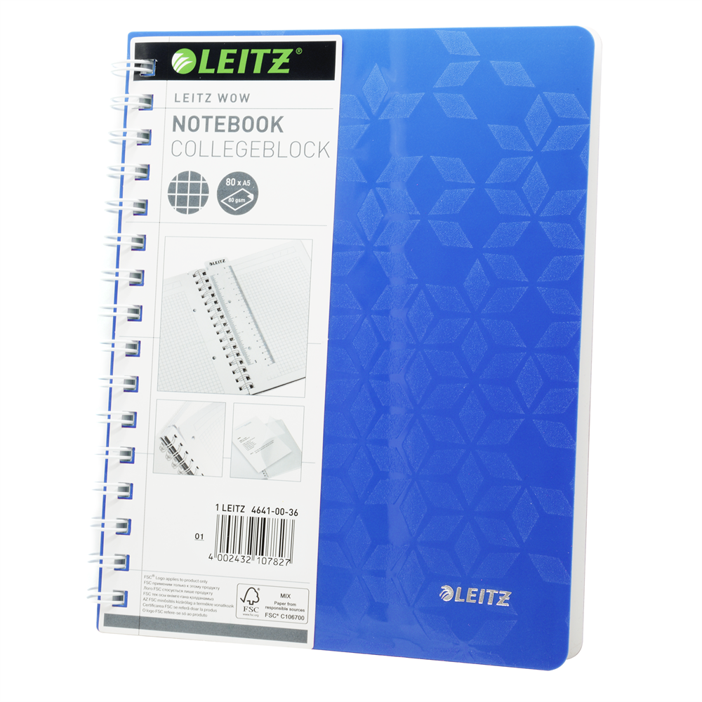 Spirálfüzet A5, 80lap kockás Leitz Wow kék kép