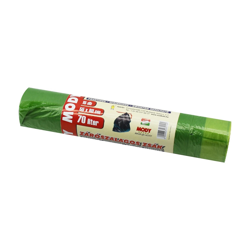Szemeteszsák önzáró szalaggal 70 liter 55 x 80 cm 15 db/tekercs zöld kép