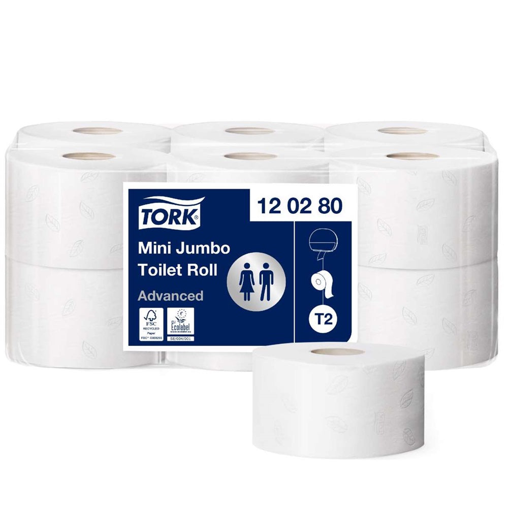 Toalettpapír 2 rétegű közületi átmérő: 18,8 cm 850 lap/170 m/tekercs 12 tekercs/karton Mini Jumbo Tork_120280 fehér kép