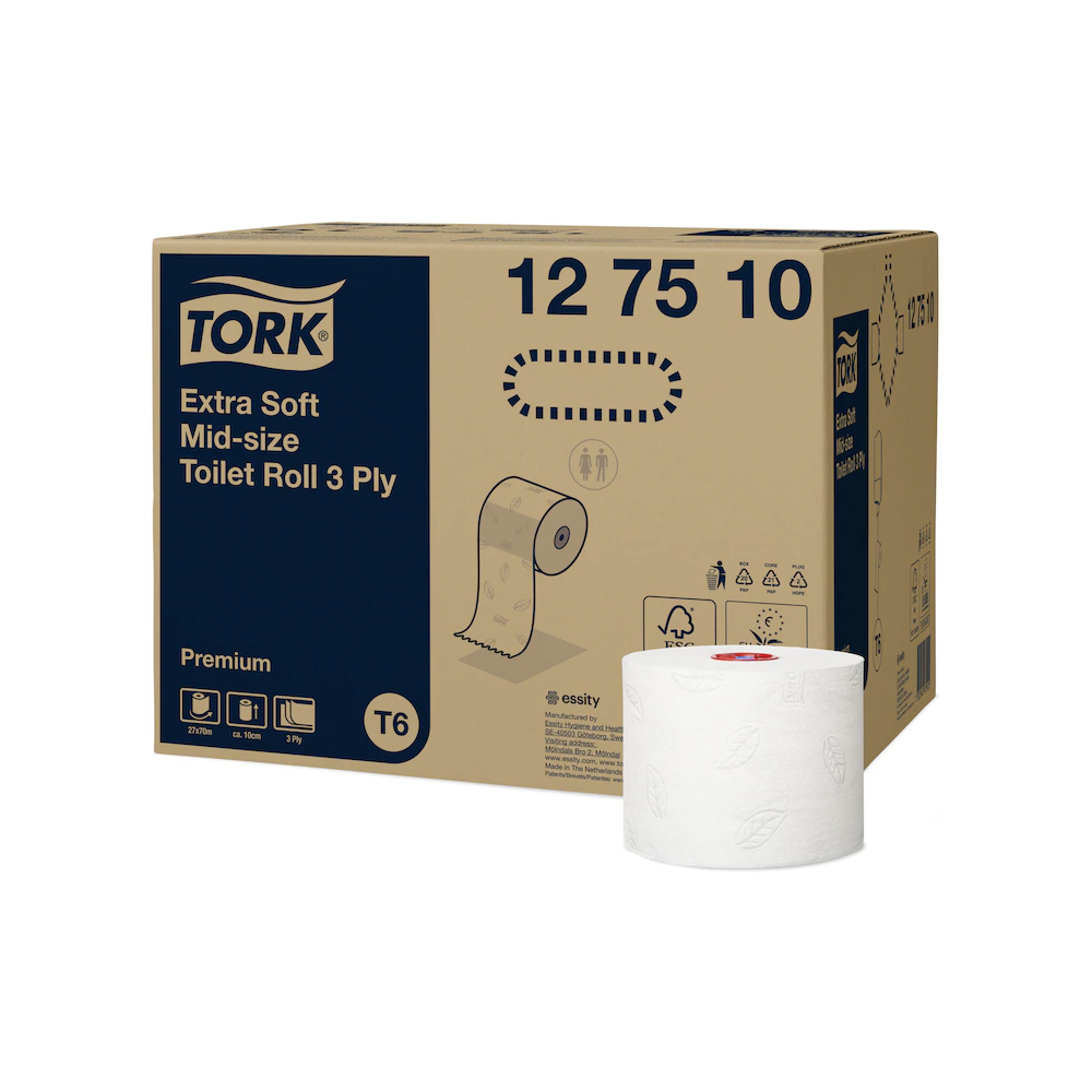 Toalettpapír 3 rétegű duplatekercses átmérő: 13,2 cm 70 m/tek 27 tekercs/karton Premium Mid-size T6 Tork_127510 fehér kép