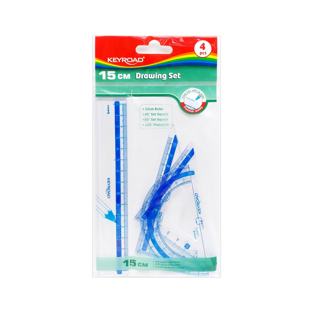 Vonalzókészlet, 15 cm, vonalzó, szögmérő, 45° és 60° háromszög vonalzók 4 db/bliszter Keyroad kép