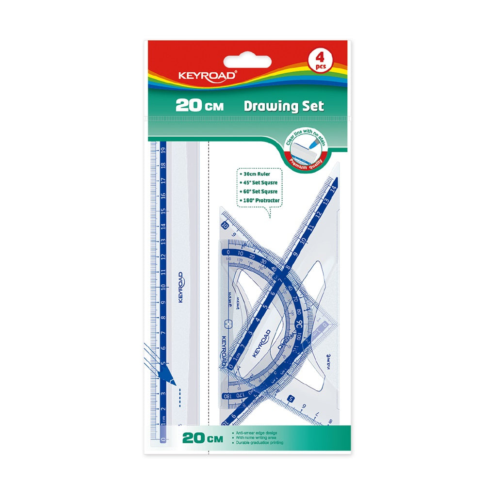 Vonalzókészlet, 20 cm, vonalzó, szögmérő, 45° és 60° háromszög vonalzók 4 db/bliszter Keyroad kép