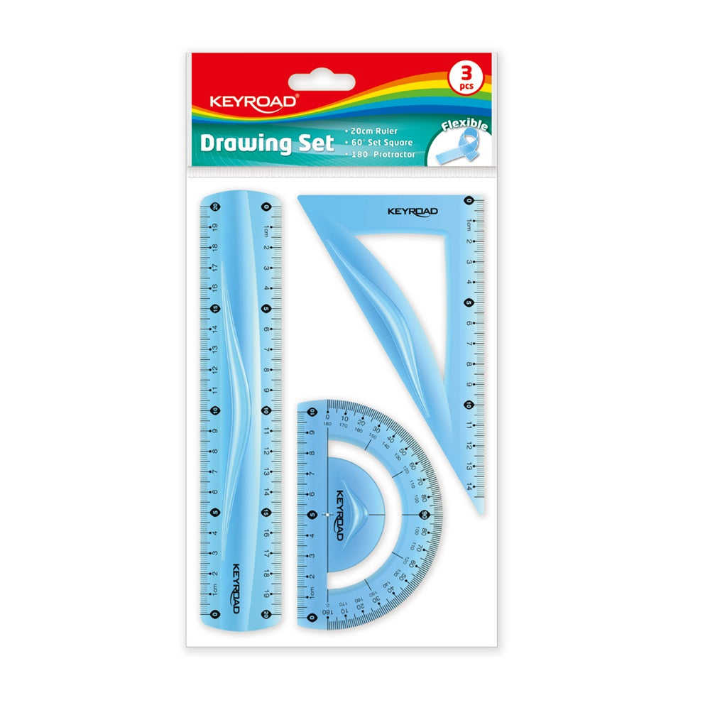 Vonalzókészlet, 20 cm, flexibilis vonalzó, szögmérő, derékszög vonalzó, 3 db/bliszter Keyroad vegyes színek kép