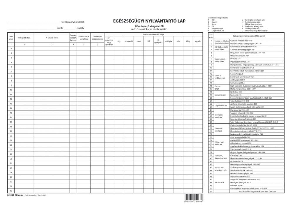 Nyomtatvány egészségügyi nyilvántartólap kép
