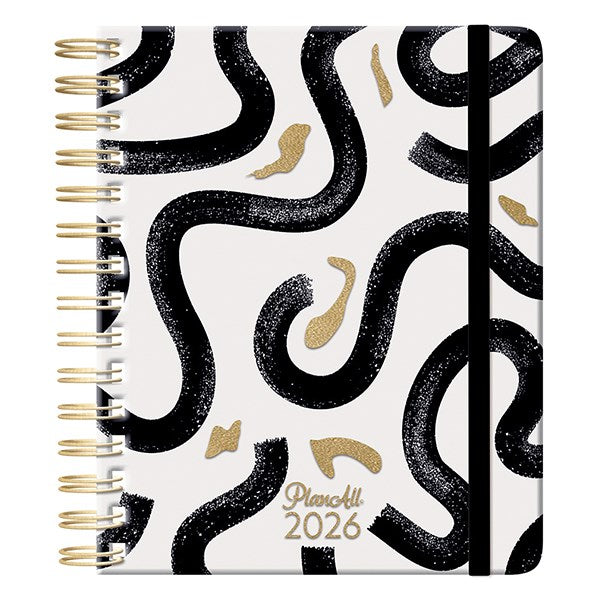 Határidőnapló PLANALL Midi B/6 heti spirálos keményfedelű gumis Black on white 2026. kép