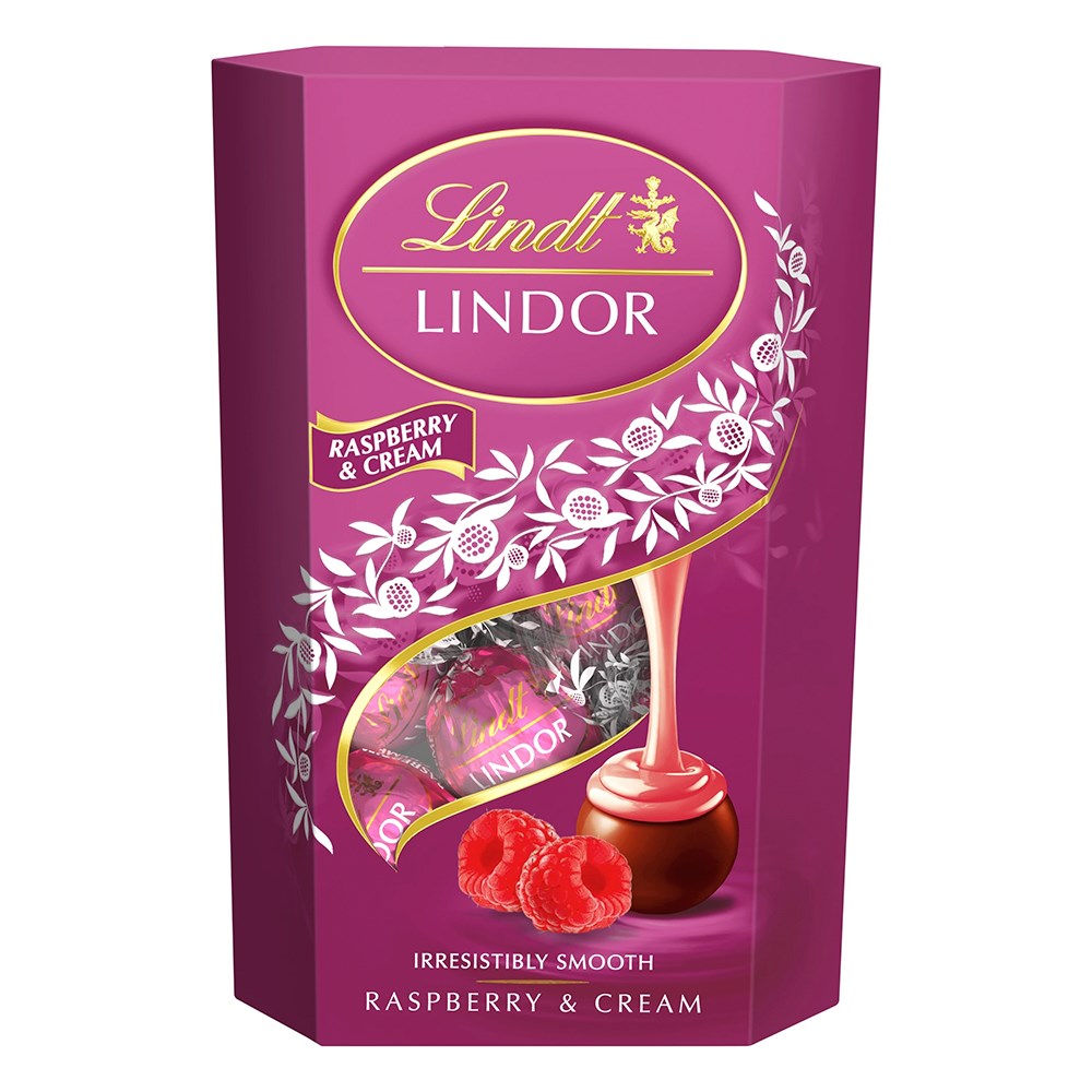 Csokoládé LINDT Lindor Raspberry&cream tejcsokoládé golyók díszdobozban 200 g kép
