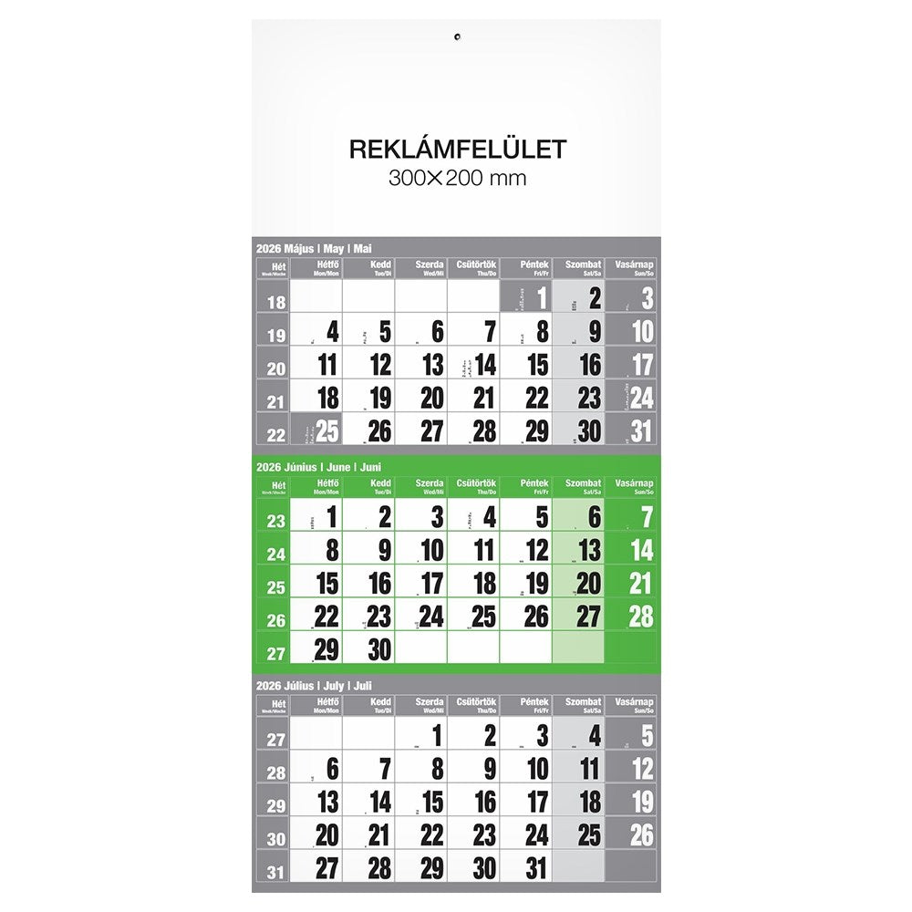 Speditőrnaptár REALSYSTEM 1 tömbös 3 havi zöld üres fejrész 2026. kép