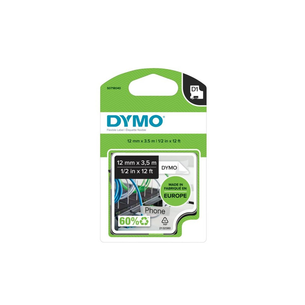 Feliratozógép szalag Dymo D1 flexibilis ID S0718040/16957 12mmx3,5m, fekete/fehér kép