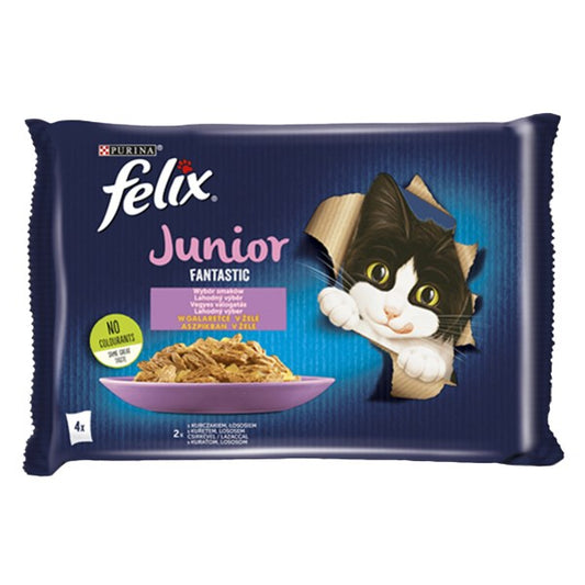 Állateledel alutasakos FELIX Fantastic Junior macskáknak csirke-lazac válogatás aszpikban 4x85 g