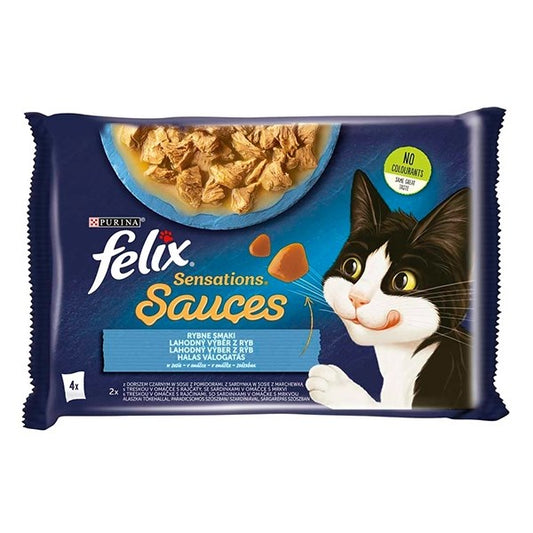 Állateledel alutasakos FELIX Sensations Sauces macskáknak 4-pack halas tőkehal-szardínia válogatás szószban 4x85 g