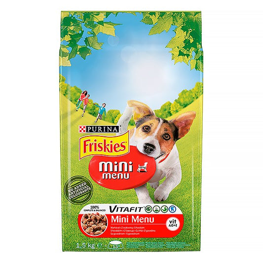 Állateledel száraz PURINA Friskies Vitafit Mini menü kutyáknak marhahússal és zöldséggel 1,5 kg