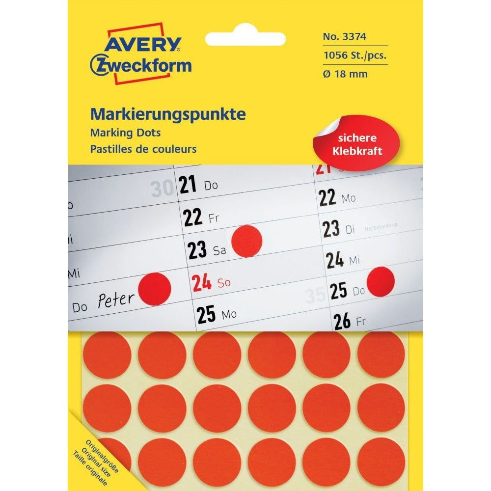 Etikett címke, o18mm, jelölésre, 24 címke/ív, 44 ív/doboz, Avery piros kép