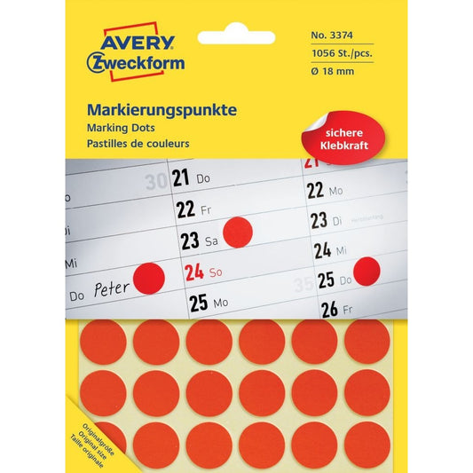 Etikett címke, o18mm, jelölésre, 24 címke/ív, 44 ív/doboz, Avery piros kép