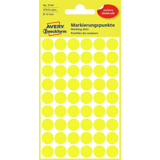 Etikett címke, o12mm, jelölésre, 54 címke/ív, 5 ív/doboz, Avery sárga kép