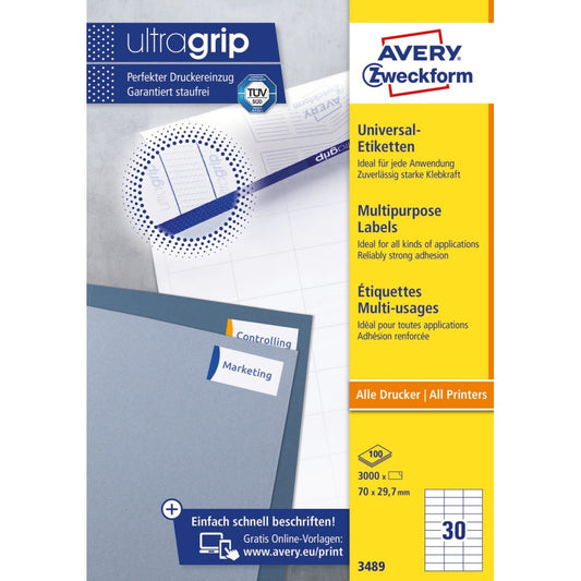 Etikett címke, 70 x29,7mm, univerzális, 30 címke/ív, 100 ív/doboz, Avery fehér kép