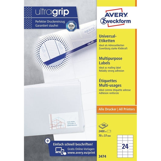 Etikett címke, 70 x37mm, univerzális, 24 címke/ív, 100 ív/doboz, Avery fehér kép