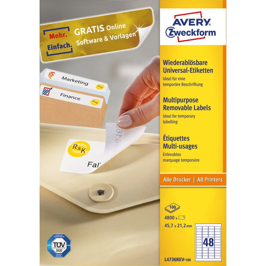 Etikett címke, 45,7 x21,2mm, univerzális visszaszedhető, 48 címke/ív, 100 ív/doboz, Avery fehér kép