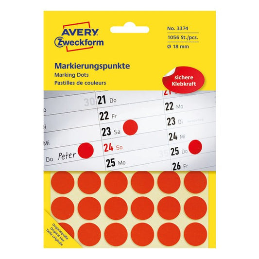 Etikett AVERY 3374 jelölőpont 18mm piros  96 darabos