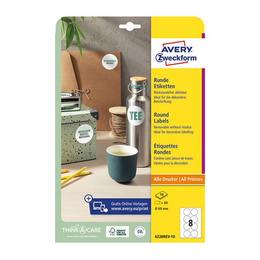 Etikett AVERY L6228REV-10  69mm univerzális kör visszaszedhető 10 íves
