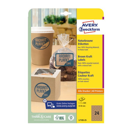 Etikett AVERY L7105-25 40 mm újrahasznosított kör barna kraft 25 íves