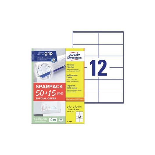 Etikett címke, 105x48mm, univerzális, 65 lap, 12 címke/lap Avery, fehér kép