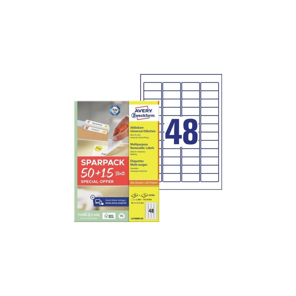 Etikett címke, 45,7x21,2mm, univerzális, 65 lap, 48 címke/lap Avery, fehér kép