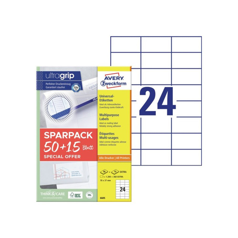 Etikett címke, 70x37mm, univerzális, 65 lap, 24 címke/lap Avery, fehér kép
