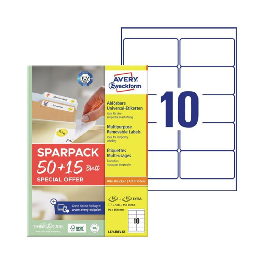Etikett címke, 96x50,8 mm, univerzális, 65 lap, 10 címke/lap Avery, fehér kép