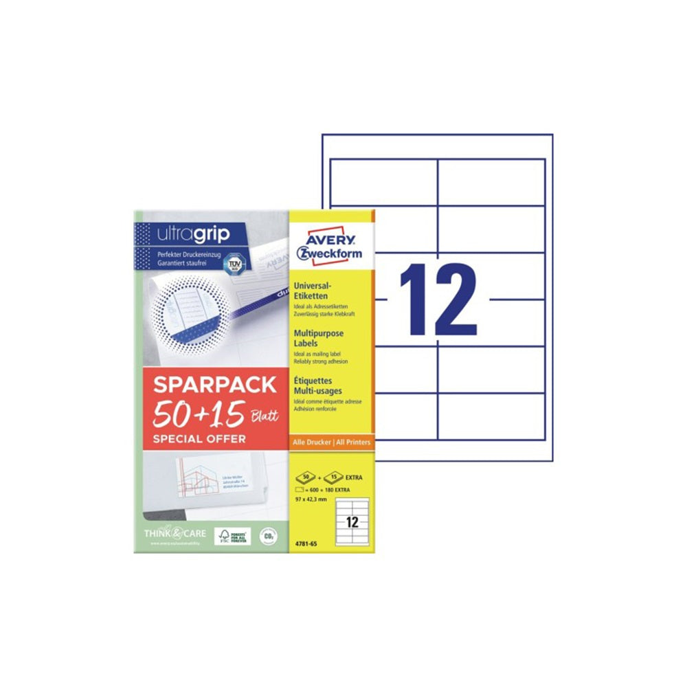 Etikett címke, 97x42,3mm, univerzális, 65 lap, 12 címke/lap Avery, fehér kép