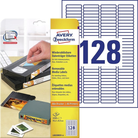 Etikett címke, 43,2x8,5mm, univerzális visszaszedhető, 128 címke/ív, 25 ív/doboz, Avery fehér kép