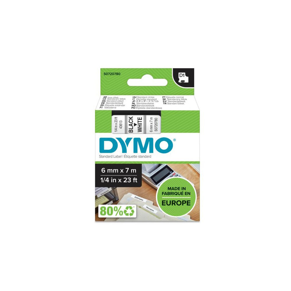 Feliratozógép szalag Dymo D1 S0720780/43613 6mmx7m, ORIGINAL, fekete/fehér kép