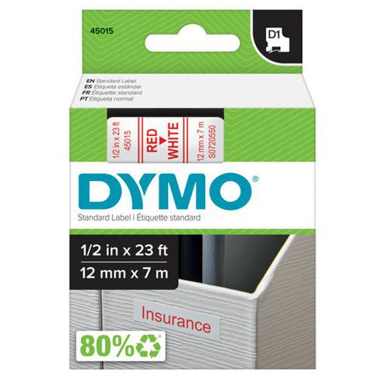 Feliratozógép szalag Dymo Letratag Dymo D1 S0720550/45015 12mmx7m, ORIGINAL, piros/fehér kép