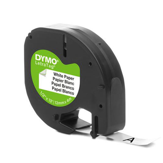 Feliratozógép szalag Dymo Letratag S0721510/59421 papír 12mmx4m, ORIGINAL fekete/fehér kép